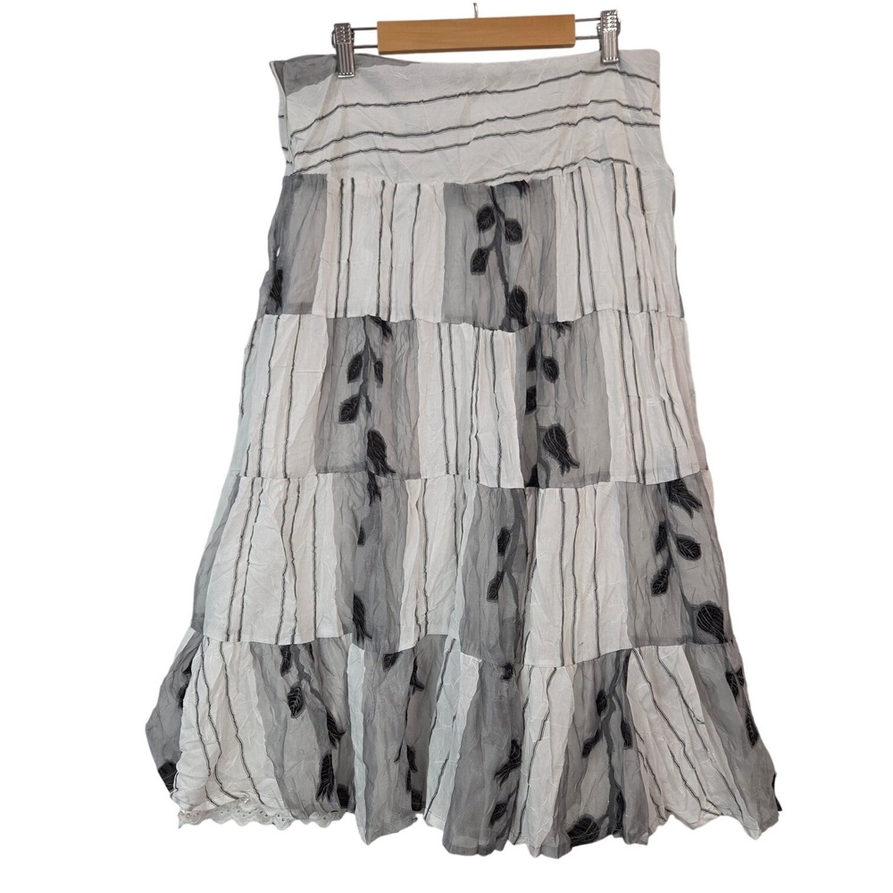 GoGo Fashion White Grey Sheer Tiered Maxi Skirt M Floral Boho Sequin Fairy